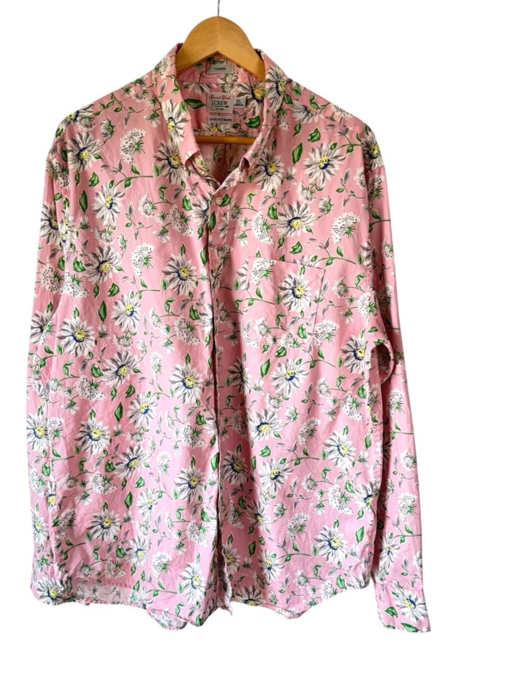 J. Crew Men XL Secret Wash Cotton Shirt Button Up Classic Pink Floral Long Slv